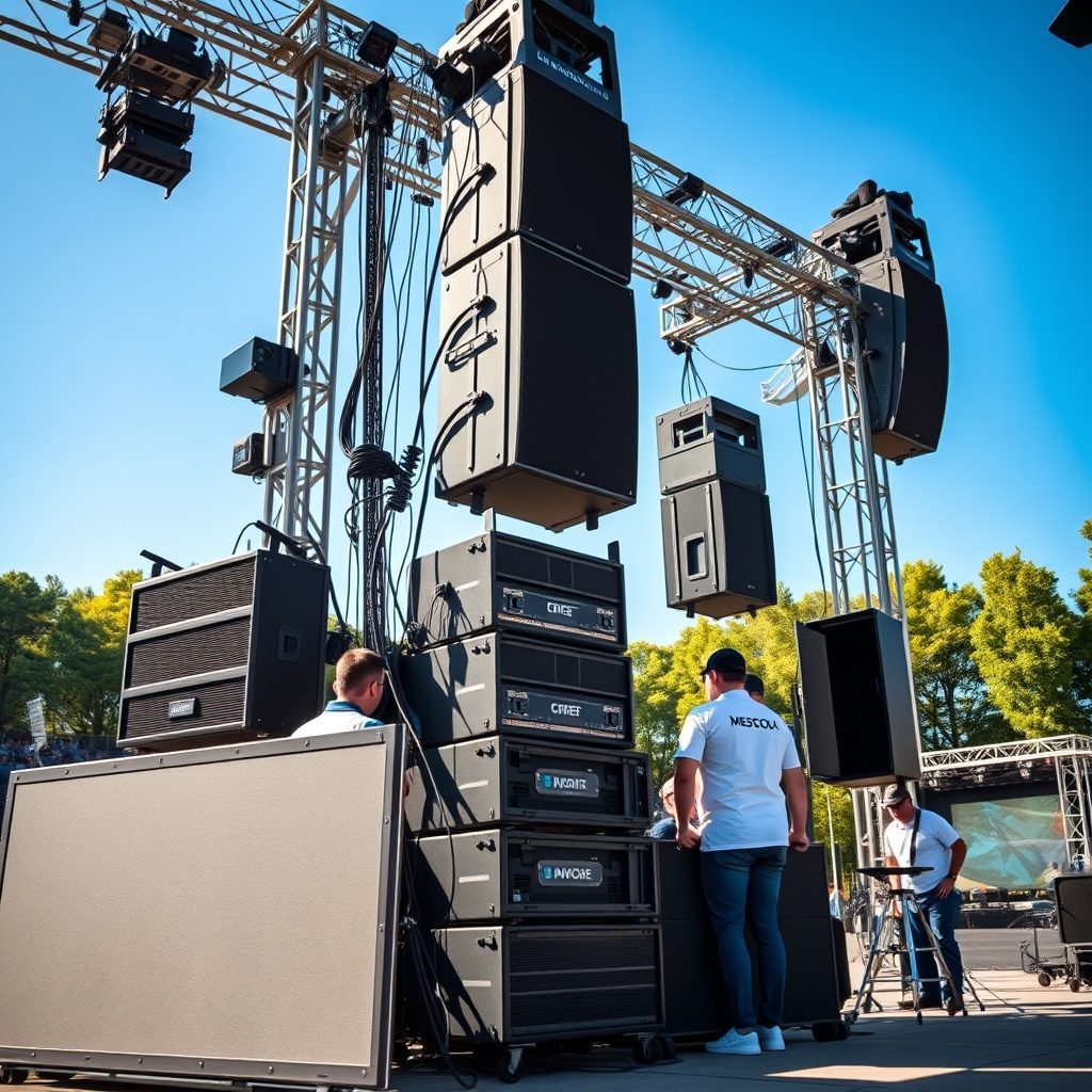 Concert PA system setup at an outdoor event